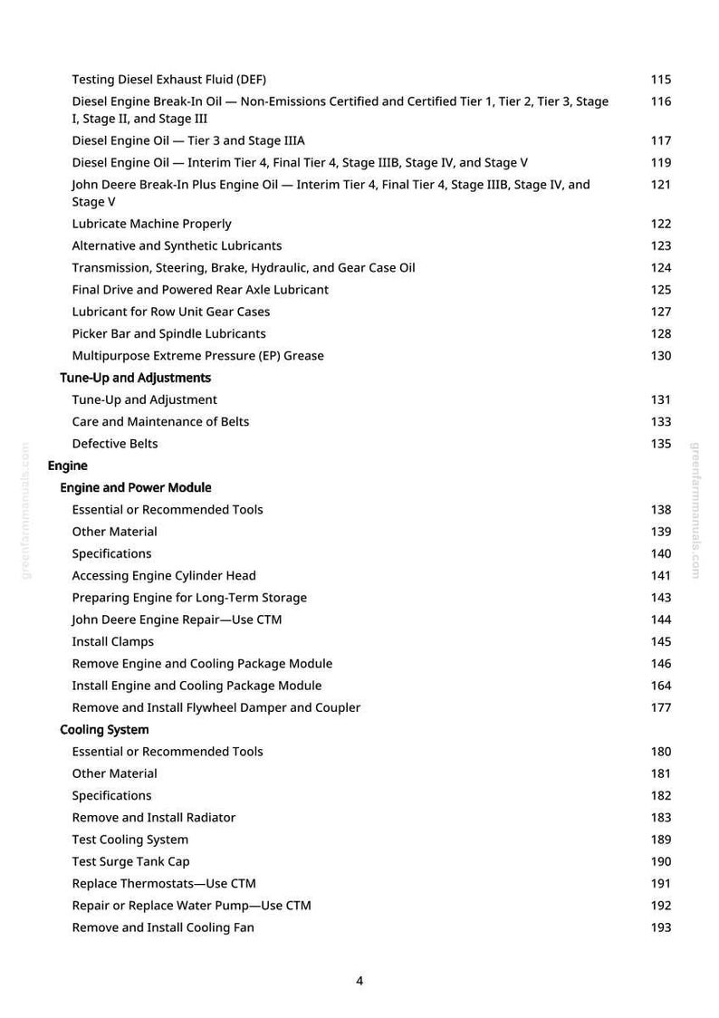 May include: A white page featuring a list of engine-related topics and page numbers. The text includes terms such as "Diesel Engine Oil," "Tune-Up and Adjustments," and "Cooling System." The website address "greenfarmmanuals.com" is visible.