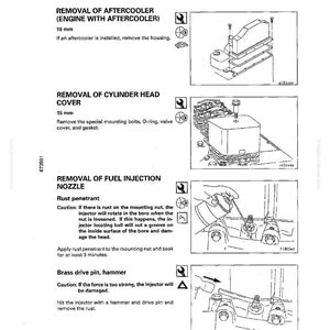 May include: Diagram of engine disassembly steps, including removal of the aftercooler, cylinder head cover, and fuel injection nozzle. Instructions include measurements in millimeters and the use of tools like a hammer and drive pin.