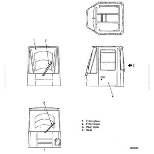 May include: Diagram of a vehicle cab, labeled with parts including front glass, wipers, and door. The image is a technical illustration, likely from a manual, showing different views of the cab's structure.