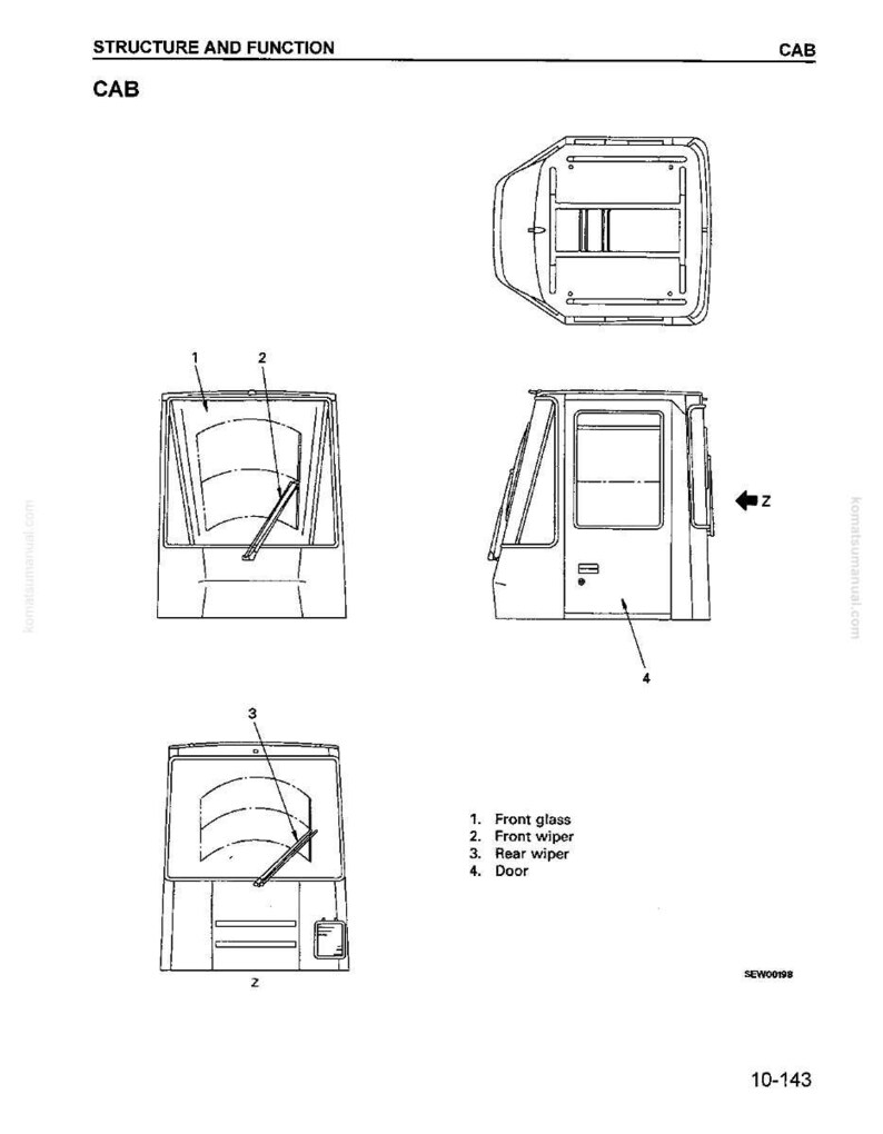 May include: Diagram of a vehicle cab, labeled with parts including front glass, wipers, and door. The image is a technical illustration, likely from a manual, showing different views of the cab's structure.