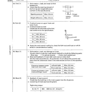 May include: A detailed technical diagram with text, illustrations, and measurements for equipment inspection. Includes specifications for forks and masts, with measurements in millimeters and torque in Newton-meters.