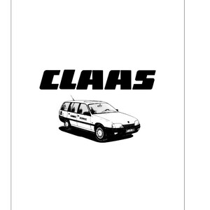 Puede incluir: Ilustraci&oacute;n en blanco y negro de un coche familiar con la palabra "CLAAS" encima. El coche tiene las palabras "CLAAS SERVICE" en el lateral. La imagen est&aacute; sobre un fondo blanco.