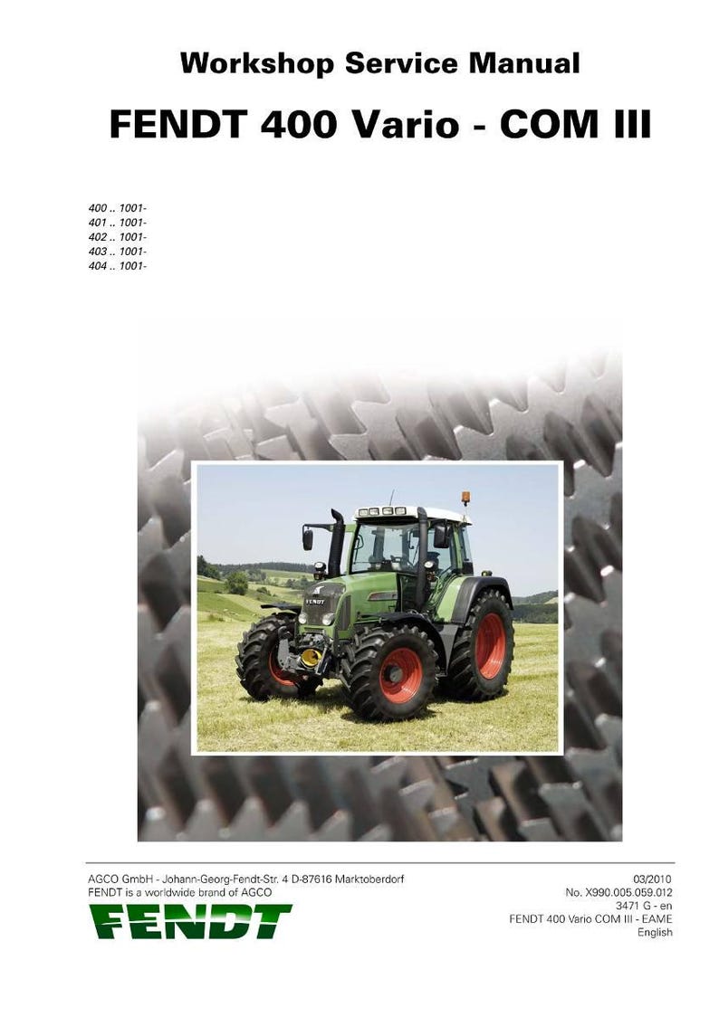May include: Workshop Service Manual for FENDT 400 Vario - COM III. The cover features a green and red tractor on a grassy field. The manual's title is in bold black font. The FENDT logo is at the bottom.