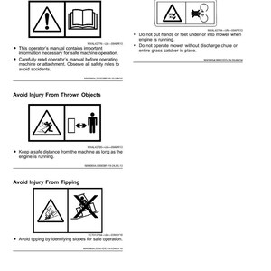 May include: A page of safety labels with illustrations and text. The labels warn against potential hazards, including rotating blades, thrown objects, and tipping. The text includes instructions to read the operator's manual and maintain a safe distance.