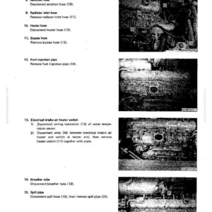 May include: Diagram of a cylinder head disassembly and assembly process. The image includes numbered steps with corresponding engine component illustrations, such as hoses and pipes. Text labels and part numbers are visible.