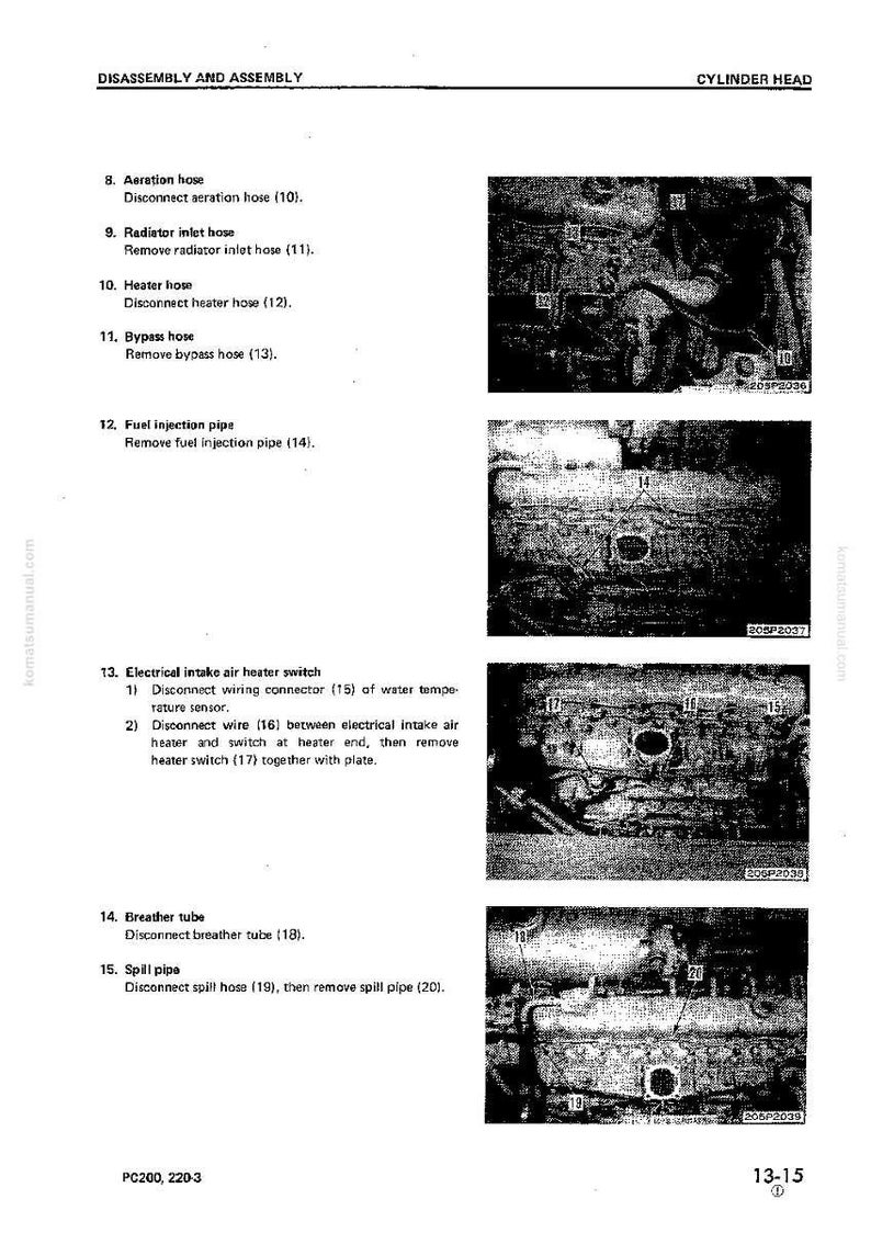 May include: Diagram of a cylinder head disassembly and assembly process. The image includes numbered steps with corresponding engine component illustrations, such as hoses and pipes. Text labels and part numbers are visible.