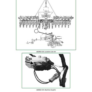 May include: Two technical diagrams. The top diagram is a line art illustration of a large machine. The bottom diagram is a machine graphic of a black and gray electrical component with wires and connectors. Text: A82892-UN: Location Line Art, A88382-UN: Machine Graphic, 2075.