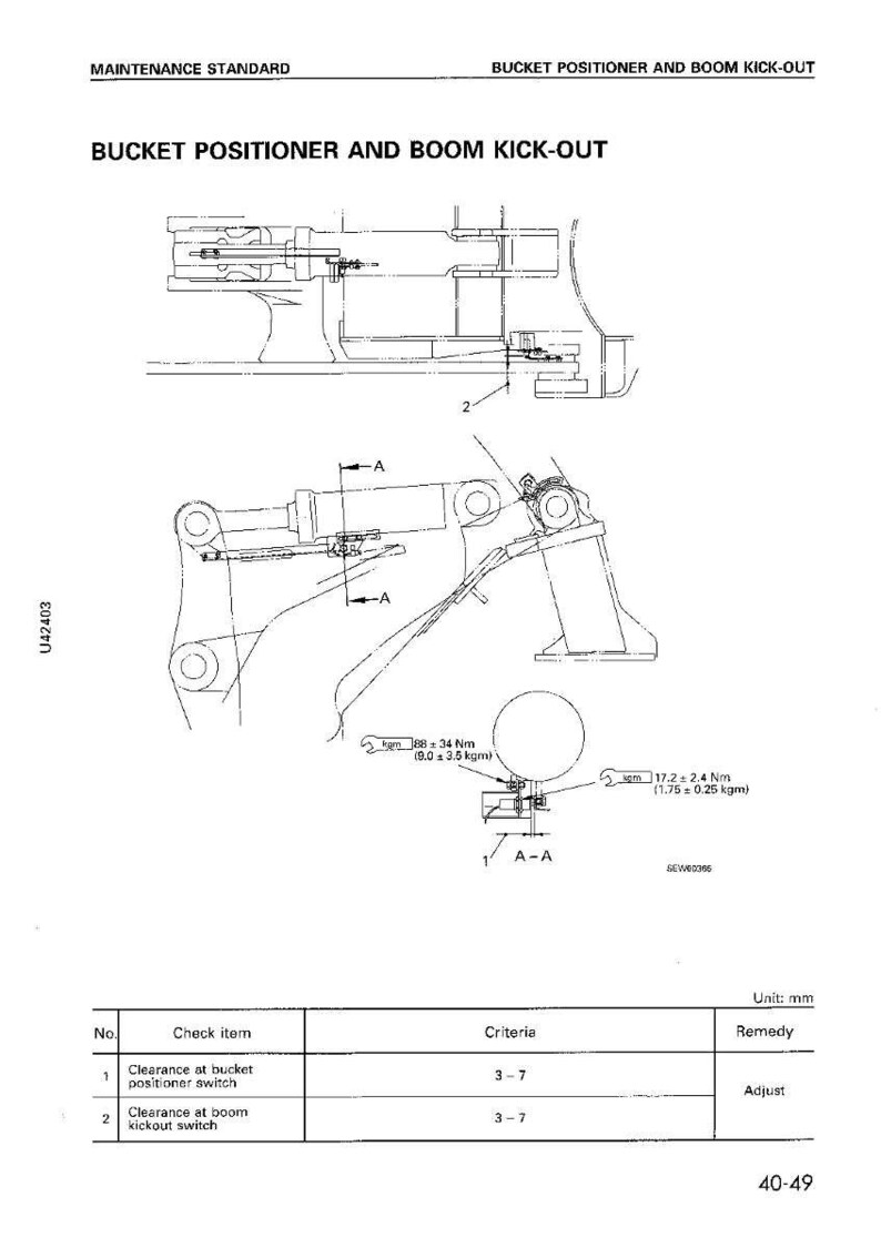 May include: Technical diagram titled "BUCKET POSITIONER AND BOOM KICK-OUT" with detailed mechanical drawings. Includes measurements in Nm and kgm, and a table with check items, criteria, and remedies. The diagram is in black and white.