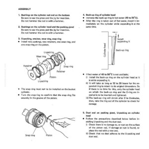 May include: Diagram of an assembly process with labeled parts: U-packing, retainer, wear ring, and snap ring. Instructions detail installing parts, including a back-up ring in hot water. Text includes "ASSEMBLY" and "D85C - 59".