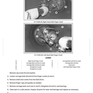 May include: Diagram of mechanical components, including finger cranks, carriage bolts, and flangettes. The image is labeled with letters and numbers, providing a guide for disassembly and maintenance. Text includes "Right-Hand Side Finger Crank" and "Left-Hand Side Finger Crank".