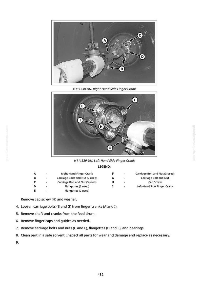 May include: Diagram of mechanical components, including finger cranks, carriage bolts, and flangettes. The image is labeled with letters and numbers, providing a guide for disassembly and maintenance. Text includes "Right-Hand Side Finger Crank" and "Left-Hand Side Finger Crank".