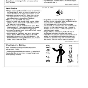 May include: Safety guidelines for operating machinery are displayed. The image includes text about avoiding tipping, staying clear of rotating drivelines, and wearing protective clothing. Illustrations depict safety equipment and actions.