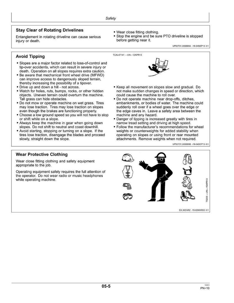 May include: Safety guidelines for operating machinery are displayed. The image includes text about avoiding tipping, staying clear of rotating drivelines, and wearing protective clothing. Illustrations depict safety equipment and actions.