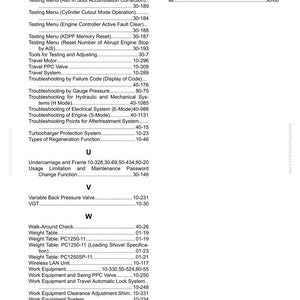 May include: A page from a manual titled "Index" with a list of testing procedures, troubleshooting guides, and equipment information. The text is black on a white background, with page numbers in the bottom right corner.