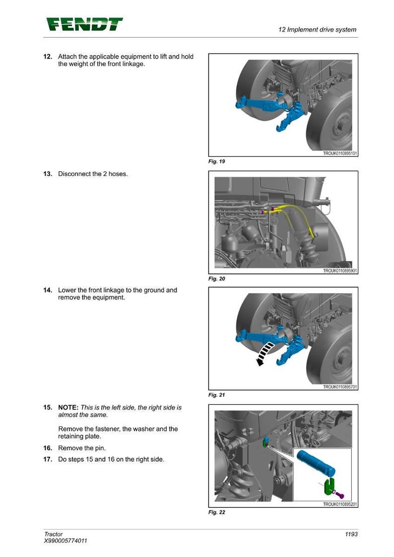 May include: Diagram illustrating the implement drive system of a Fendt tractor, showing steps for component removal and assembly. Includes close-ups of hoses, linkages, and fasteners. Text instructions are provided.
