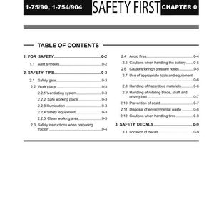 May include: A page from a manual titled "SAFETY FIRST" with a table of contents. The table lists safety topics such as safety gear, work place, and safety equipment. The chapter is labeled "CHAPTER 0".