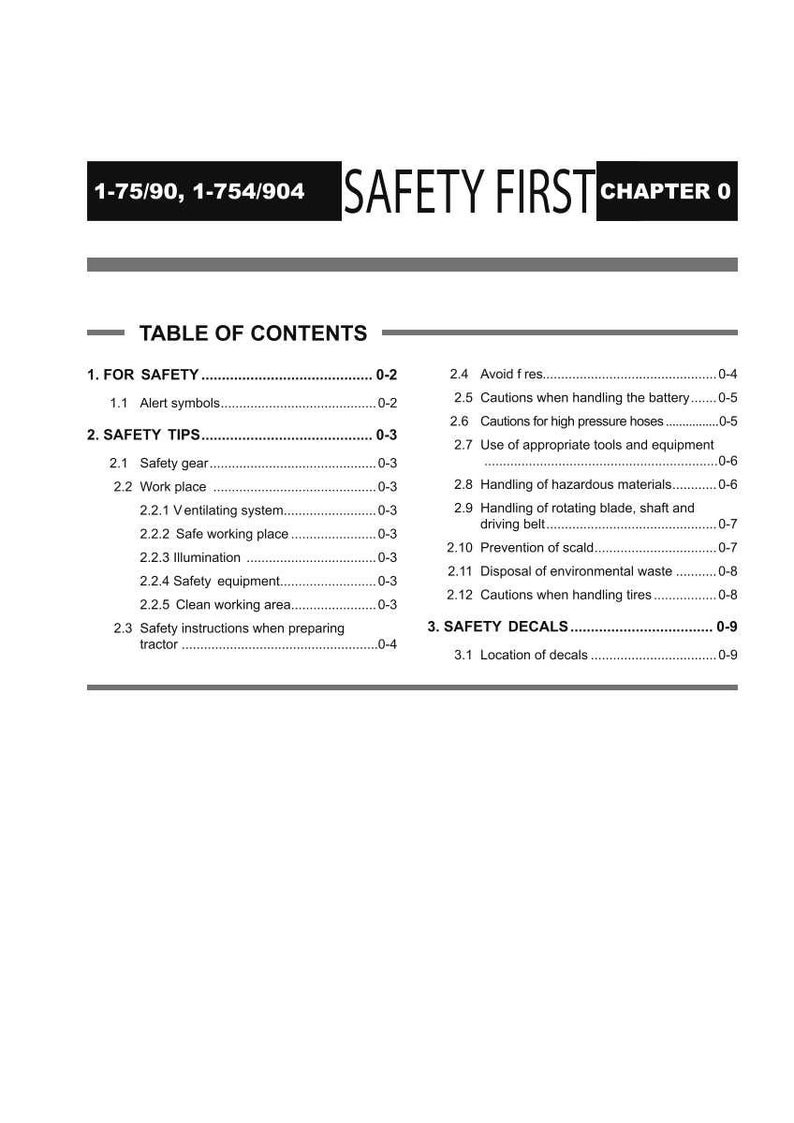 May include: A page from a manual titled "SAFETY FIRST" with a table of contents. The table lists safety topics such as safety gear, work place, and safety equipment. The chapter is labeled "CHAPTER 0".
