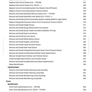May include: A white page with a list of specifications for relays, sensors, and switches. The list includes items like "Replace Marker Switch" and "Remove and Install Seed Level Sensor."