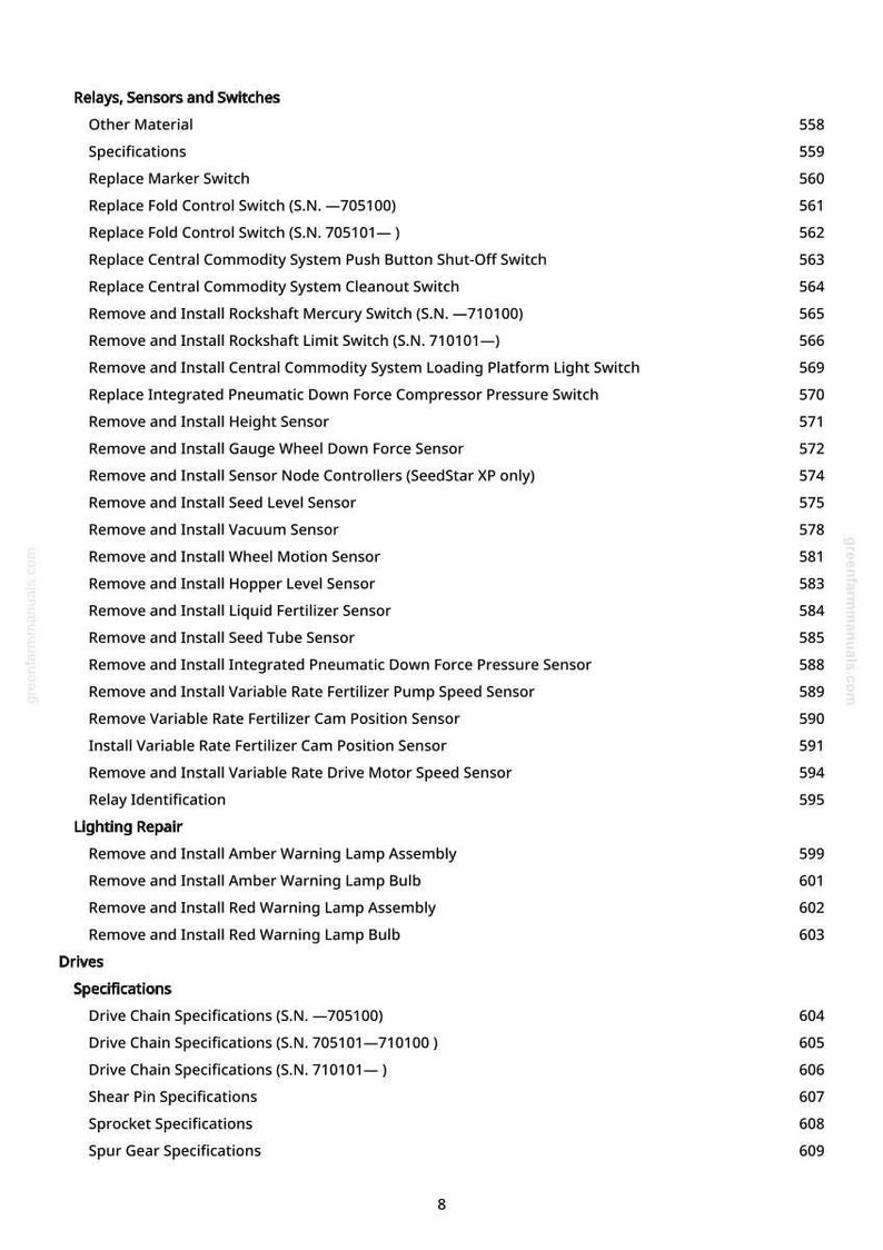 May include: A white page with a list of specifications for relays, sensors, and switches. The list includes items like "Replace Marker Switch" and "Remove and Install Seed Level Sensor."