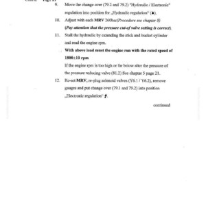 May include: A page from a manual titled "Main Hydraulic Pumps" with the Demag Komatsu logo. The text includes instructions for hydraulic regulation, engine speed, and valve adjustments. Chapter 7, page 23 is visible.