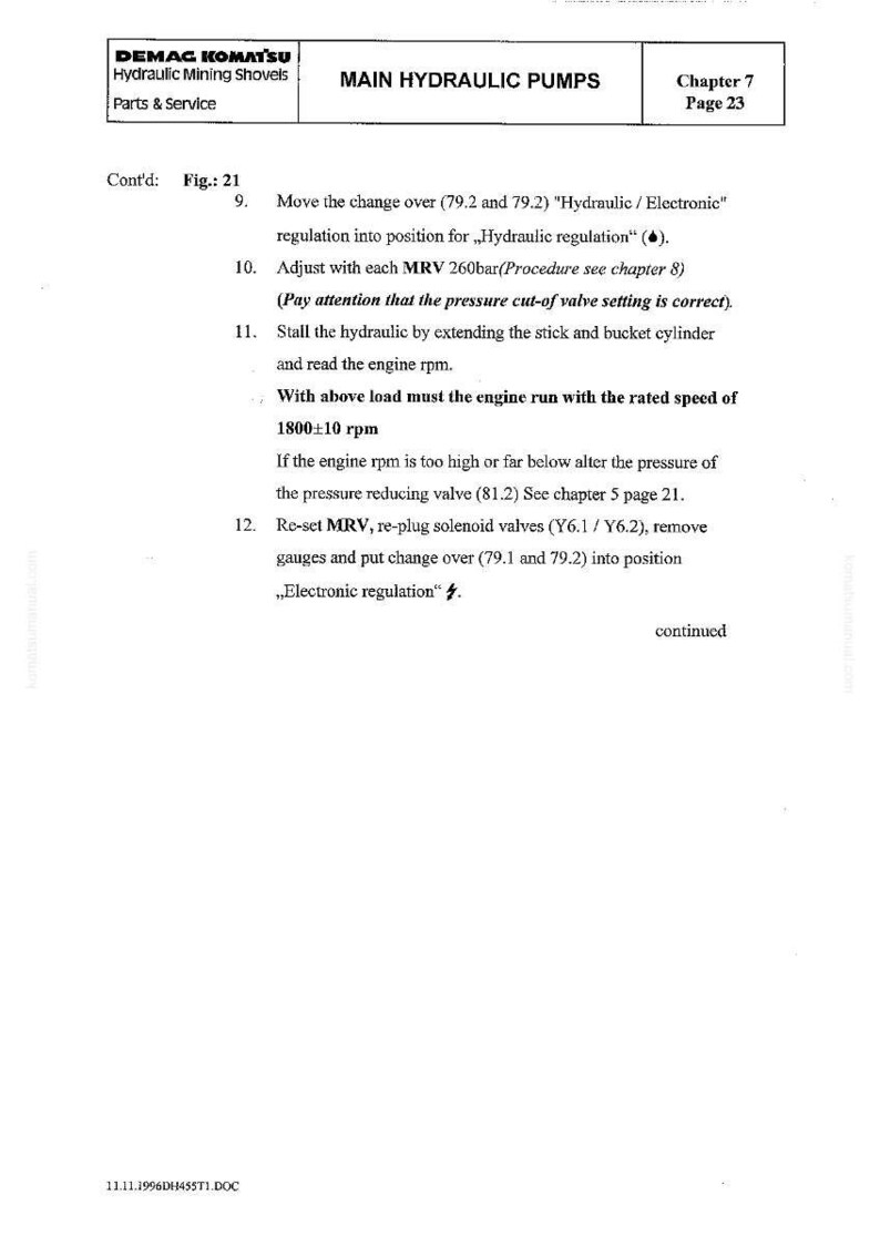 May include: A page from a manual titled "Main Hydraulic Pumps" with the Demag Komatsu logo. The text includes instructions for hydraulic regulation, engine speed, and valve adjustments. Chapter 7, page 23 is visible.