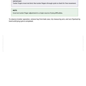 May include: A white page with the title "Adjust Tucker Fingers" and instructions for adjusting tucker fingers. The text includes "IMPORTANT" and "NOTE" sections, with a final instruction to observe knotter operation.