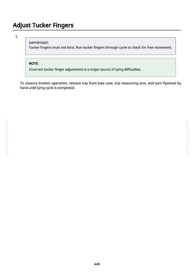 May include: A white page with the title "Adjust Tucker Fingers" and instructions for adjusting tucker fingers. The text includes "IMPORTANT" and "NOTE" sections, with a final instruction to observe knotter operation.