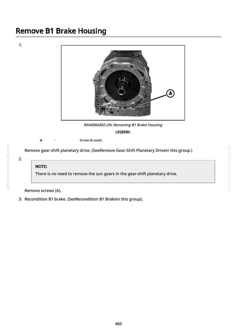 Op de afbeelding: Technische tekening met de titel "Verwijder B1 remhuis". De afbeelding toont een gedetailleerd beeld van een mechanisch onderdeel, met een pijl die naar een specifiek gebied wijst, gemarkeerd met "A". Tekst geeft instructies.