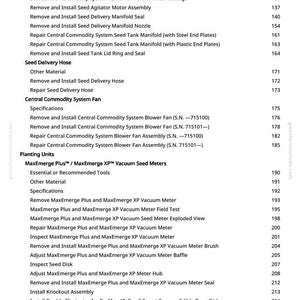 May include: A page from a manual with a list of instructions for agricultural equipment maintenance. The text includes procedures for seed tank, blower fan, and vacuum meter maintenance, with corresponding page numbers.