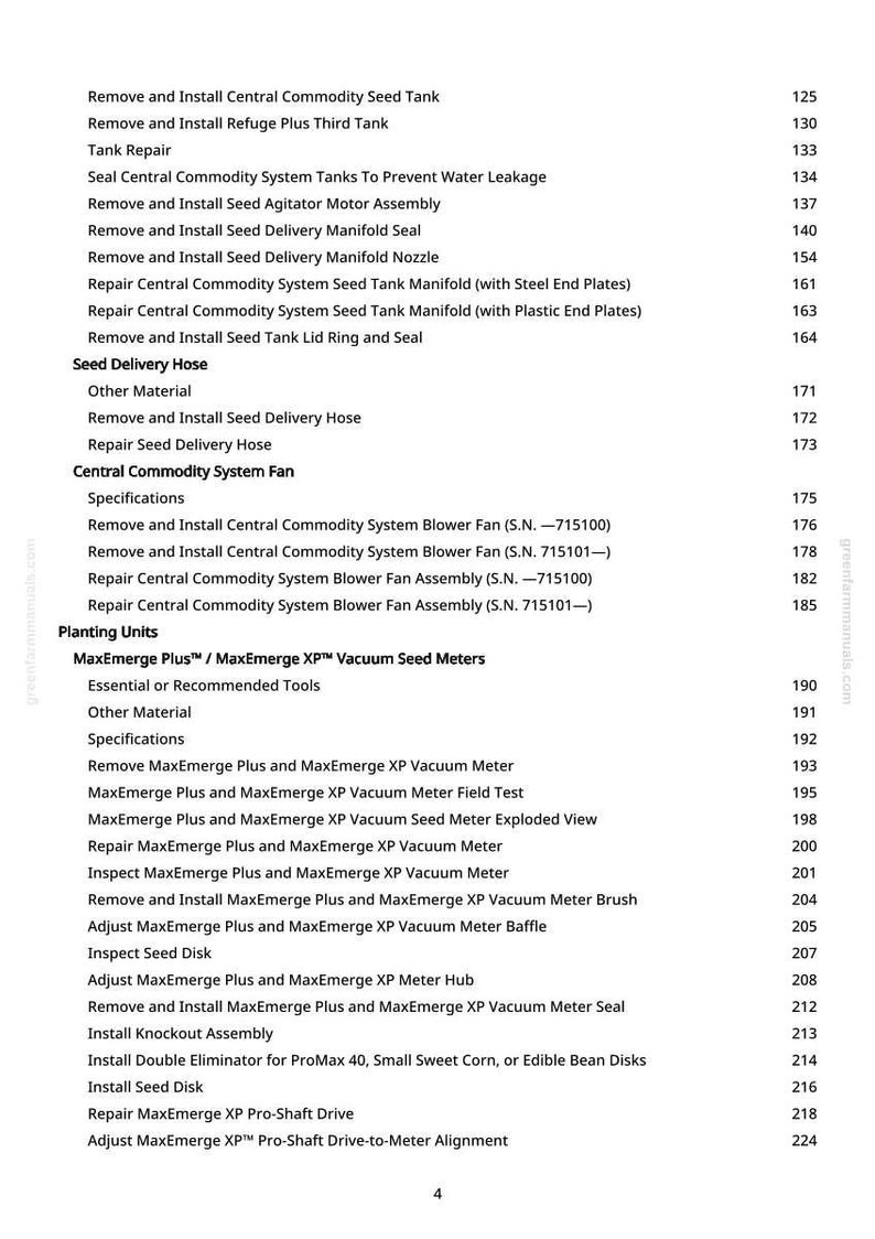 May include: A page from a manual with a list of instructions for agricultural equipment maintenance. The text includes procedures for seed tank, blower fan, and vacuum meter maintenance, with corresponding page numbers.