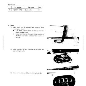 Op de afbeelding: Een pagina uit een handleiding getiteld "Installatie van ketting". Het document bevat diagrammen en instructies voor kettinginstallatie, met een onderdelenlijst en gereedschapsinformatie. De tekst is zwart op een witte achtergrond.