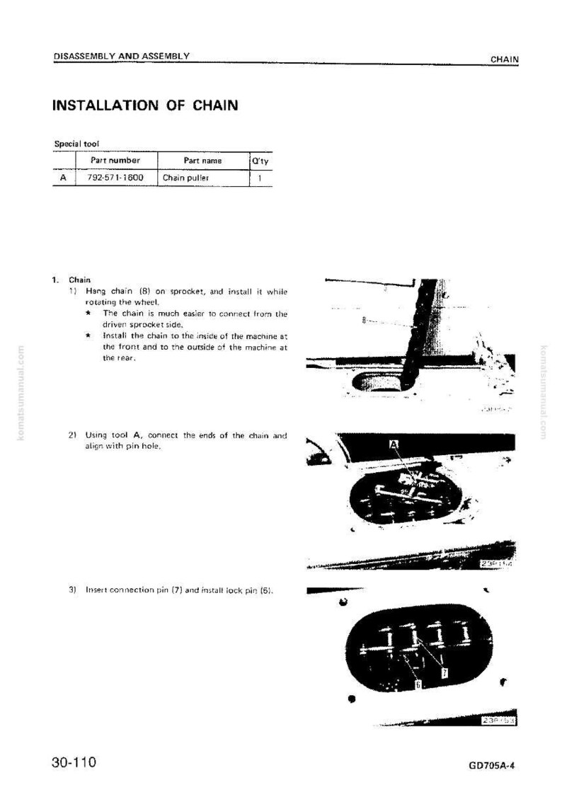 Op de afbeelding: Een pagina uit een handleiding getiteld "Installatie van ketting". Het document bevat diagrammen en instructies voor kettinginstallatie, met een onderdelenlijst en gereedschapsinformatie. De tekst is zwart op een witte achtergrond.