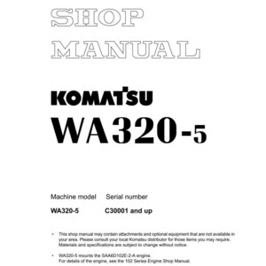 May include: A white shop manual with the text "SHOP MANUAL" in a hollow font. The Komatsu logo and "WA320-5" are in black. The machine model is WA320-5, and the serial number is C30001 and up.