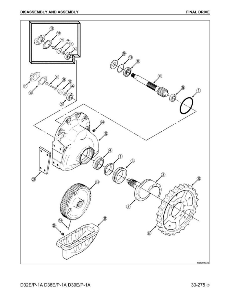 May include: An exploded diagram of a final drive assembly, showing various mechanical components. The image includes a gear, bearings, a shaft, and a housing, with labels and lines indicating disassembly and assembly. Text at the bottom reads "D32E/P-1A D38E/P-1A D39E/P-1A" and "30-275".