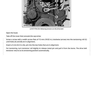May include: Diagram illustrating how to relieve drive belt tension. The image shows a close-up of an engine with labeled parts (A, B, C) and instructions. Text includes "Relieve Drive Belt Tension" and measurements in inches.