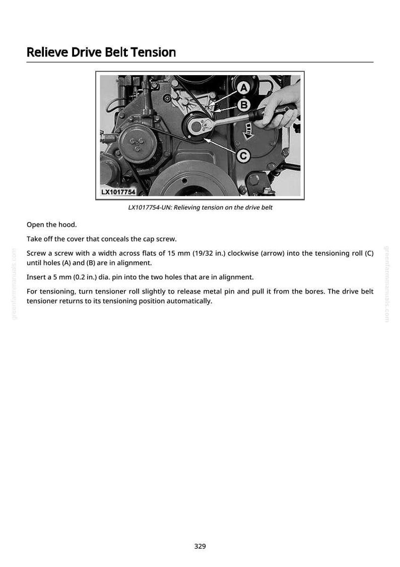 May include: Diagram illustrating how to relieve drive belt tension. The image shows a close-up of an engine with labeled parts (A, B, C) and instructions. Text includes "Relieve Drive Belt Tension" and measurements in inches.