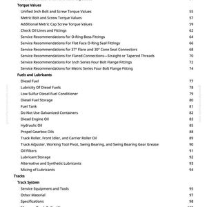 May include: A detailed table of contents from a manual, listing topics such as excavator specifications, torque values, fuels, lubricants, and track systems. The text is in black font on a white background, with page numbers on the right.