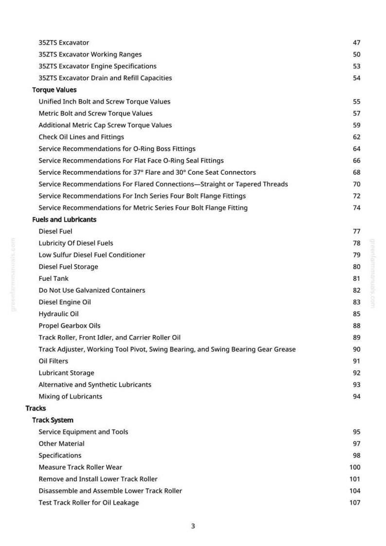 May include: A detailed table of contents from a manual, listing topics such as excavator specifications, torque values, fuels, lubricants, and track systems. The text is in black font on a white background, with page numbers on the right.