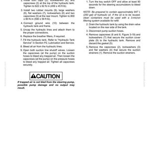 May include: A technical document with instructions for hydraulic tank strainer installation and removal. Includes diagrams, torque specifications in foot-pounds, and a caution about trapped air. The document is labeled "Hydraulic Component Repair."