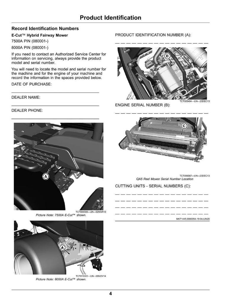 May include: Product identification document for an E-Cut Hybrid Fairway Mower. The document includes diagrams of the mower's engine and cutting units, with spaces to record the product identification number, engine serial number, and cutting unit serial numbers.