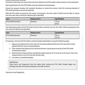 May include: Technical diagram with text detailing PTO shaft retraction and extension measurements. The PTO shaft retraction is 15 cm (6 in), and the extension is 30 cm (12 in). Instructions are provided for shortening the PTO shaft, including safety distances.