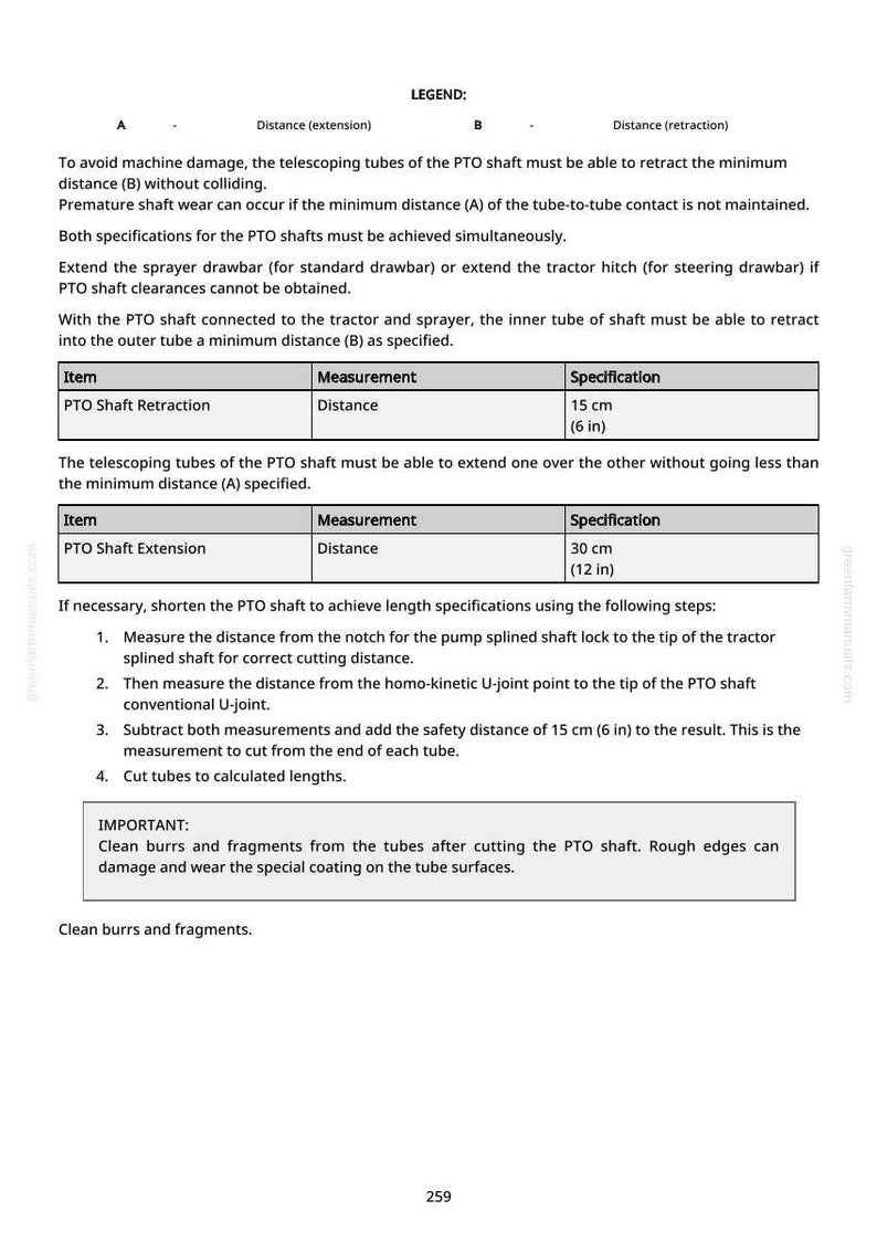May include: Technical diagram with text detailing PTO shaft retraction and extension measurements. The PTO shaft retraction is 15 cm (6 in), and the extension is 30 cm (12 in). Instructions are provided for shortening the PTO shaft, including safety distances.