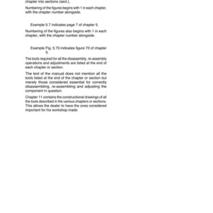 May include: A page from a manual titled "Structure of the manual." The text explains the manual's organization, including chapters, sections, and figure numbering. Examples are provided to clarify the structure. The page includes the text "How to consult the manual."