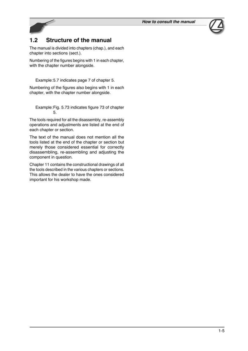 May include: A page from a manual titled "Structure of the manual." The text explains the manual's organization, including chapters, sections, and figure numbering. Examples are provided to clarify the structure. The page includes the text "How to consult the manual."