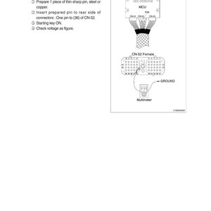 Puede incluir: Diagrama de un procedimiento de prueba de componentes el&eacute;ctricos. La imagen incluye un diagrama de cableado con un conector etiquetado CN-52, un mult&iacute;metro e instrucciones de texto para verificar el voltaje. El diagrama tambi&eacute;n incluye el texto "HYUNDAI" y "MCU".