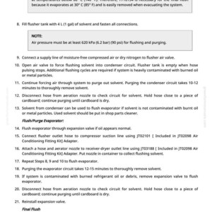 Puede incluir: Una p&aacute;gina de manual con instrucciones para limpiar un sistema de aire acondicionado. El texto incluye pasos para el uso de disolventes, la presi&oacute;n del aire y las conexiones de los componentes. Medidas en litros.