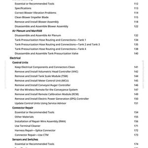 K&ouml;nnte beinhalten: Eine Manuellseite mit einem Inhaltsverzeichnis f&uuml;r ein Luftsystem. Zu den Themen geh&ouml;ren Systeminspektion, Gebl&auml;sebaugruppe, Luftansaugkammer, elektrische Steuereinheiten, Anschlussreparatur sowie Sensoren und Schalter.