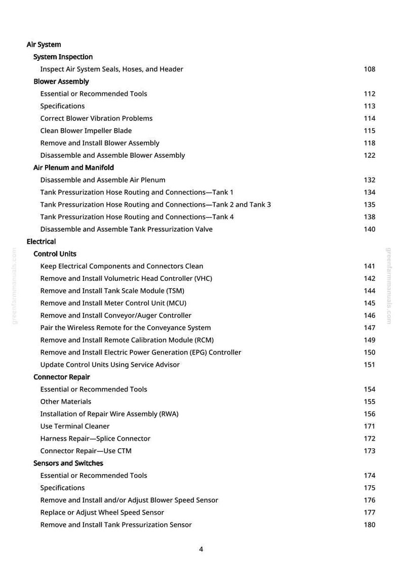 K&ouml;nnte beinhalten: Eine Manuellseite mit einem Inhaltsverzeichnis f&uuml;r ein Luftsystem. Zu den Themen geh&ouml;ren Systeminspektion, Gebl&auml;sebaugruppe, Luftansaugkammer, elektrische Steuereinheiten, Anschlussreparatur sowie Sensoren und Schalter.