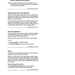 May include: A page from a John Deere machine manual with the title "Introduction." The text provides important safety information, details on attachments, service literature, and parts. Contact information is also included.