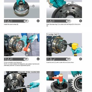 May include: Illustrated assembly instructions for a planetary reduction gear. The steps include installing the crown wheel, inserting a snap ring, fitting the crown flange, coating nuts with Loctite 242, and tightening nuts using a cross-cross method. The torque is 68-75 Nm.